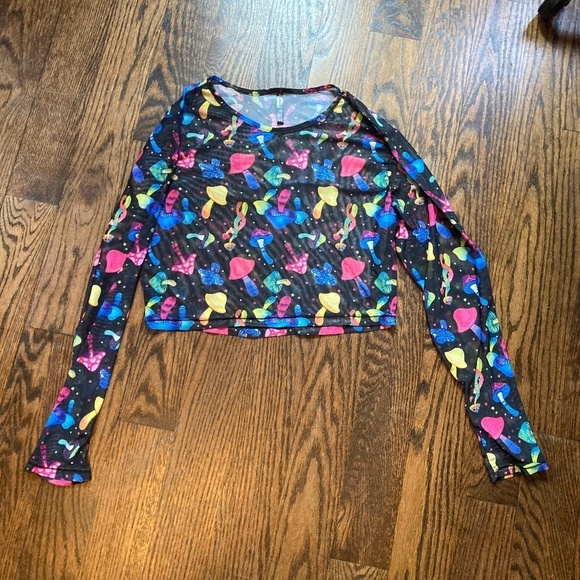 Spencer's Tops - Y2K SPENCER Mushroom CROPPED mesh see through long sleeve L/XL